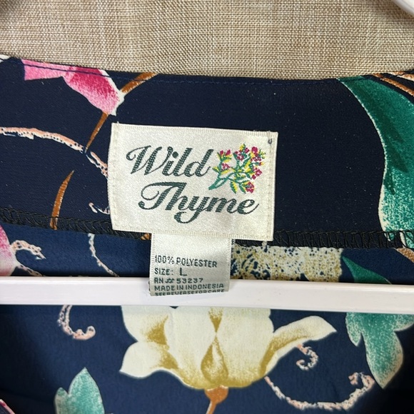 Wild Thyme Vintage Floral Button Down Short Sleeve Navy Blue Polyester Blouse - Picture 3 of 8